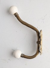 Vtg Brass Wall Mount Hat Coat Towel 2 Hook Hanger Porcelain White Knobs