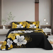 3 Pieces Quilt Set Queen Gold Floral Pattern Black Quilt Coverlet Set Gorgeou...