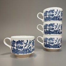 Vtg Blue Willow England 4pc 8oz Cups Ceramic Tea Cups Blue Transfer ware