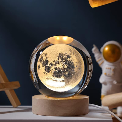 3D Moon Model Crystal Ball, Laser Engraved Planet Model Astronomy Sphere Decor,