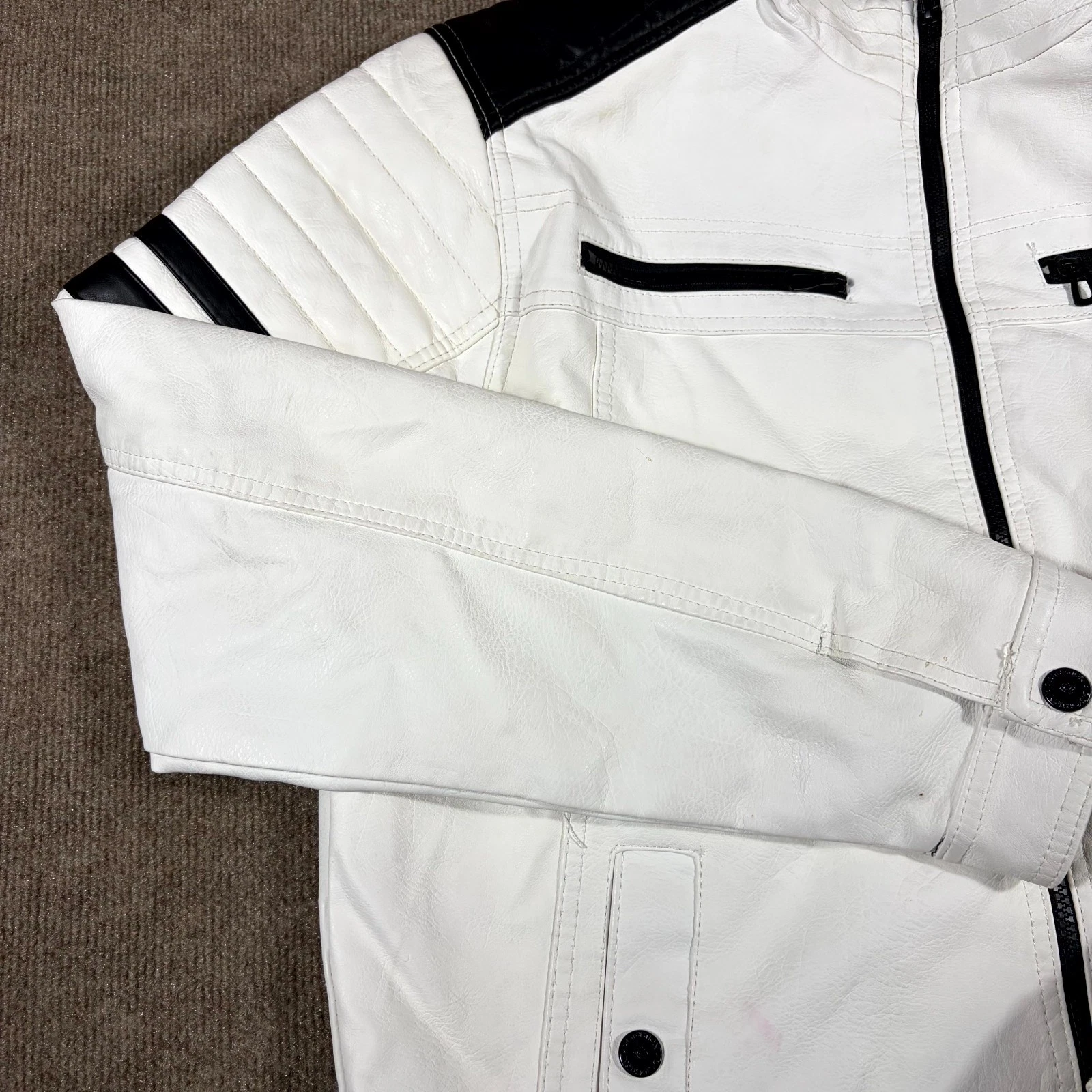 Distortion Biker Jacket Mens XL White Faux Leather Mock Neck Full Zip Racing image 4