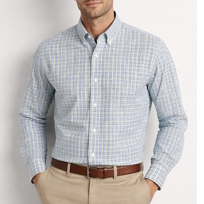 LL Bean Blue Green Check Wrinkle Free Long Sleeve Button Down Shirt XXL TALL