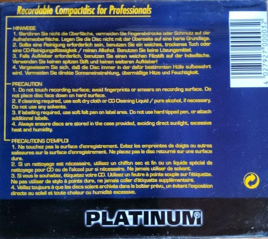 Platinum Rohlinge CD-R 74 Min 600 MB 1 Stück NEU + OVP - Bild 2 von 2