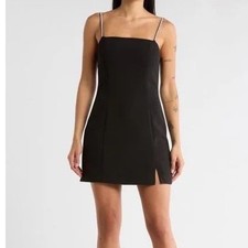 ASTR the Label Black Rhinestone Strap Mini Dress Square Neck Side Slit  o3