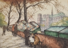 Vue animée des bouquinistes quais de Seine gravure originale signée 34 x 25 cm