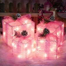 Set of 4 Pink Christmas Lighted Gift Boxes, Pre-lit Light up Present Set with...
