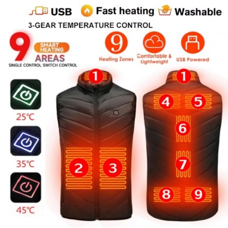 9-zone Electric Heating Vest Unisex 3-speed USB Charging Warm Jacket Heated Tops