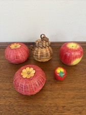Vintage Mini-Miniature Woven Wicker  Wooden Baskets with Lid lot of 5-Unused