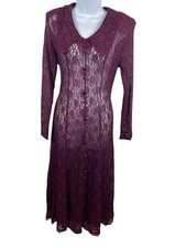 VTG Dawn Joy Burgundy Lace Midi Dress Button Up Long Sleeve Romantic Victorian M