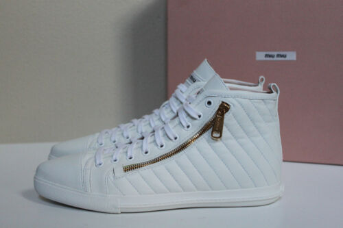 8.5 / 38.5 Miu Miu Pointed Toe White Leather Lace up High Top Sneaker Flat Shoes - Picture 2 of 12