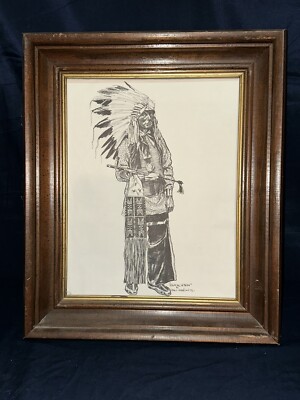 D. CROWFORD ''BLACK HORN'' 1976 WESTERN PRINT ART WORK 18''X 15'' WOOD FRAME