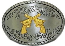 Pistol Revolver Gun Belt Buckle Two Pistols Crossed Six Shooter Style