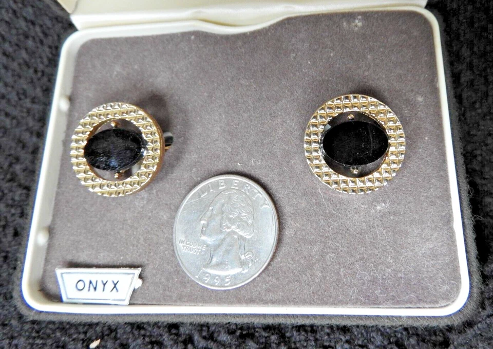 Vintage Swank de Valeur Grand Onyx Noir Boutons Manchette Hommes Original Boite - Photo 4/4
