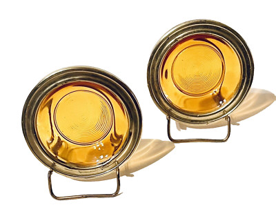 Antique Stunning Pair 3'' Open Salt/Finger Bowls/Brass Rim/Pressed Amber Glass