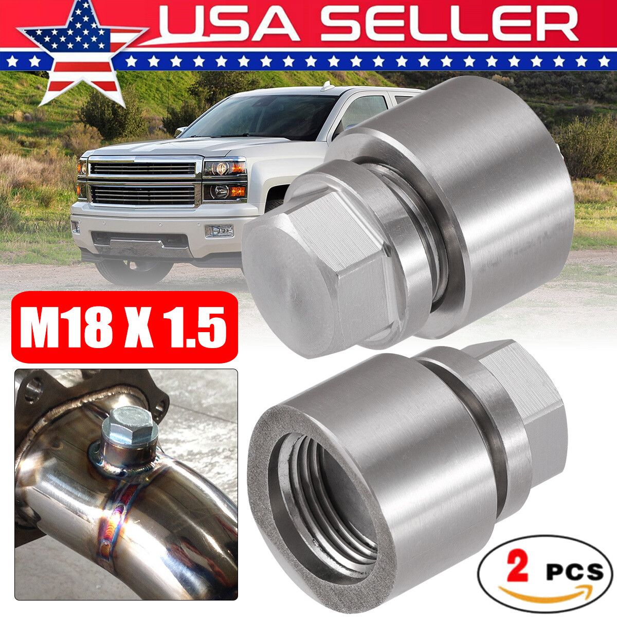 (2 Sets) 304 Stainless O2 Oxygen Sensor Bung Plug M18 X 1.5 Threaded Fittings