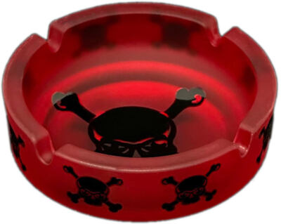 Frosted Red Glass Ashtray with Black Skull & Crossbones Design - 4.25'' Diameter