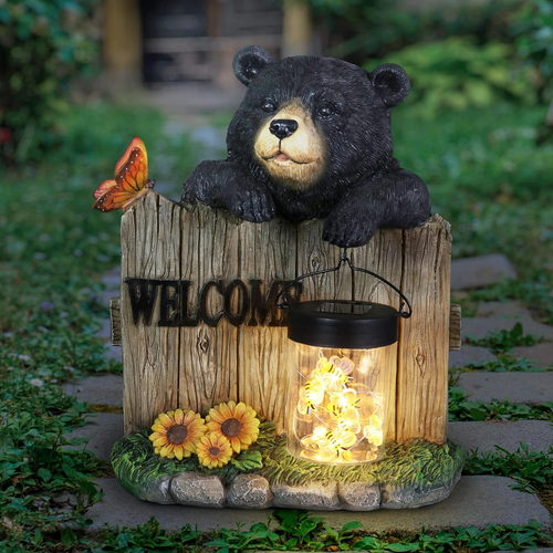 Gartenskulptur, Solar Schwarzbär Gartenstatue mit Willkommensschild Zaun, LED Be - Bild 12 von 12