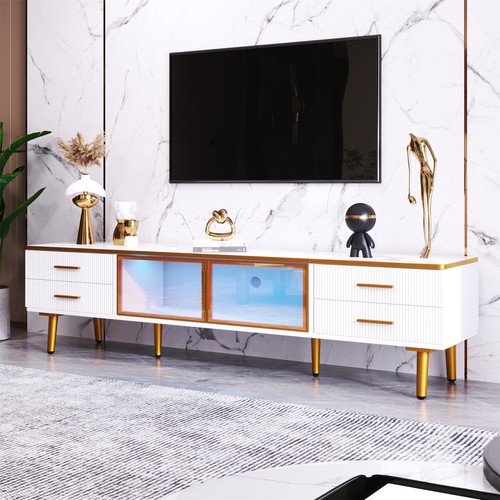 TV Lowboard Fernseher Schrank mit LED-Leuchten Marmoreffekte Fernsehschrank Weiß - Bild 2 von 9