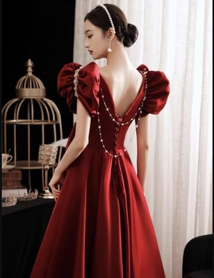 Women's Pretty Open Back Puff Sleeve Bow Tie Evening Dress Cocktail Prom