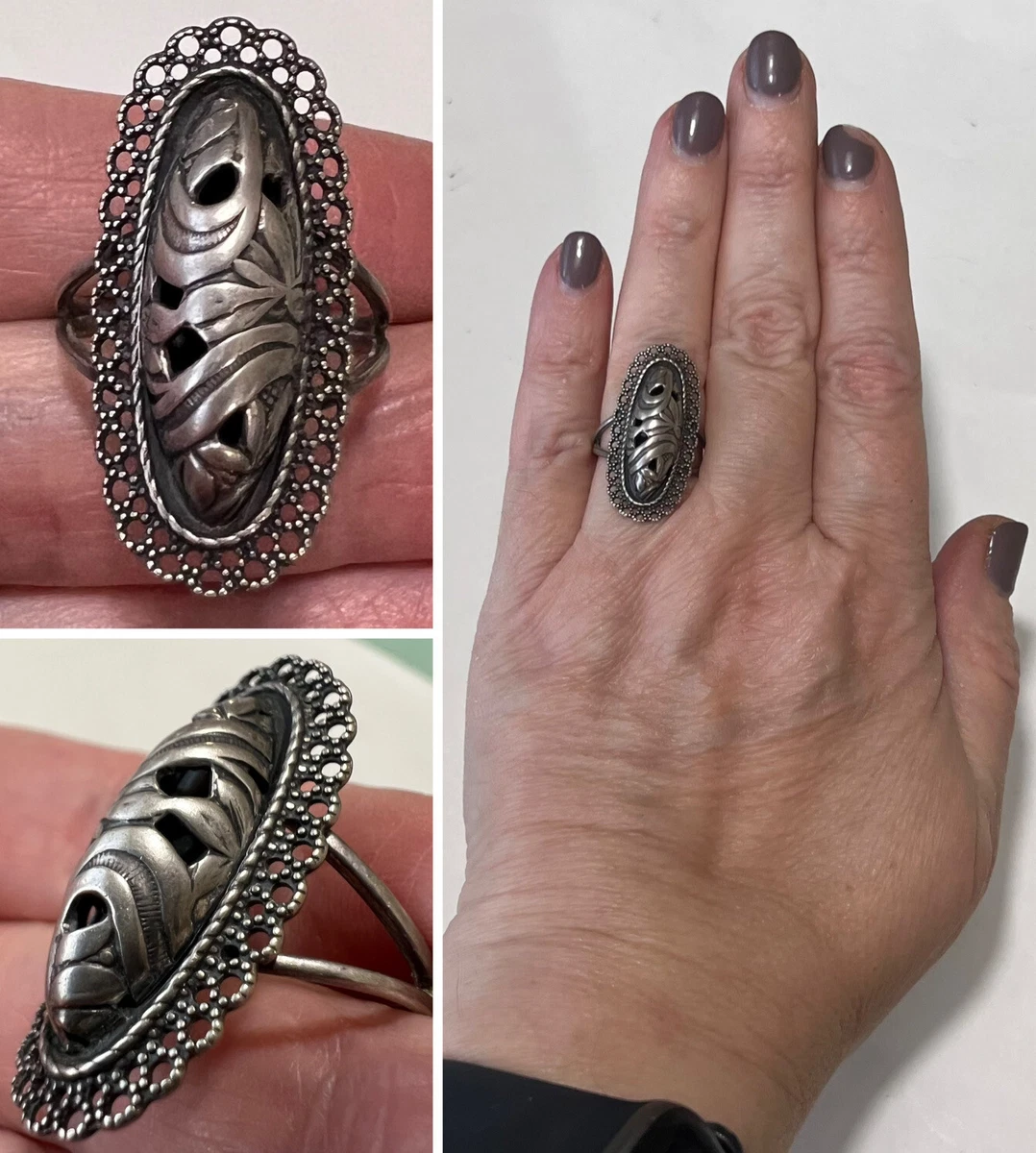 Vintage BEAU Sterling Silver FLORAL DOME Lace Filigree Edge Adjustable Size Ring