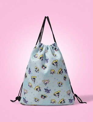 New POWERPUFF GIRLS Drawstring Backpack BUBBLES Purse BABY BLUE Tote Bag OCTI