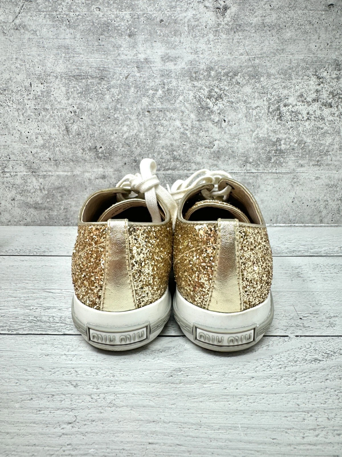 SCARPE DA GINNASTICA MIU MIU ORO PIRITE GLITTER METALLO PUNTA LOGO 36