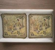 Antique Tapestry Baroque Garden Scene Wall Hanging Set Made In France 6.25x6.25"