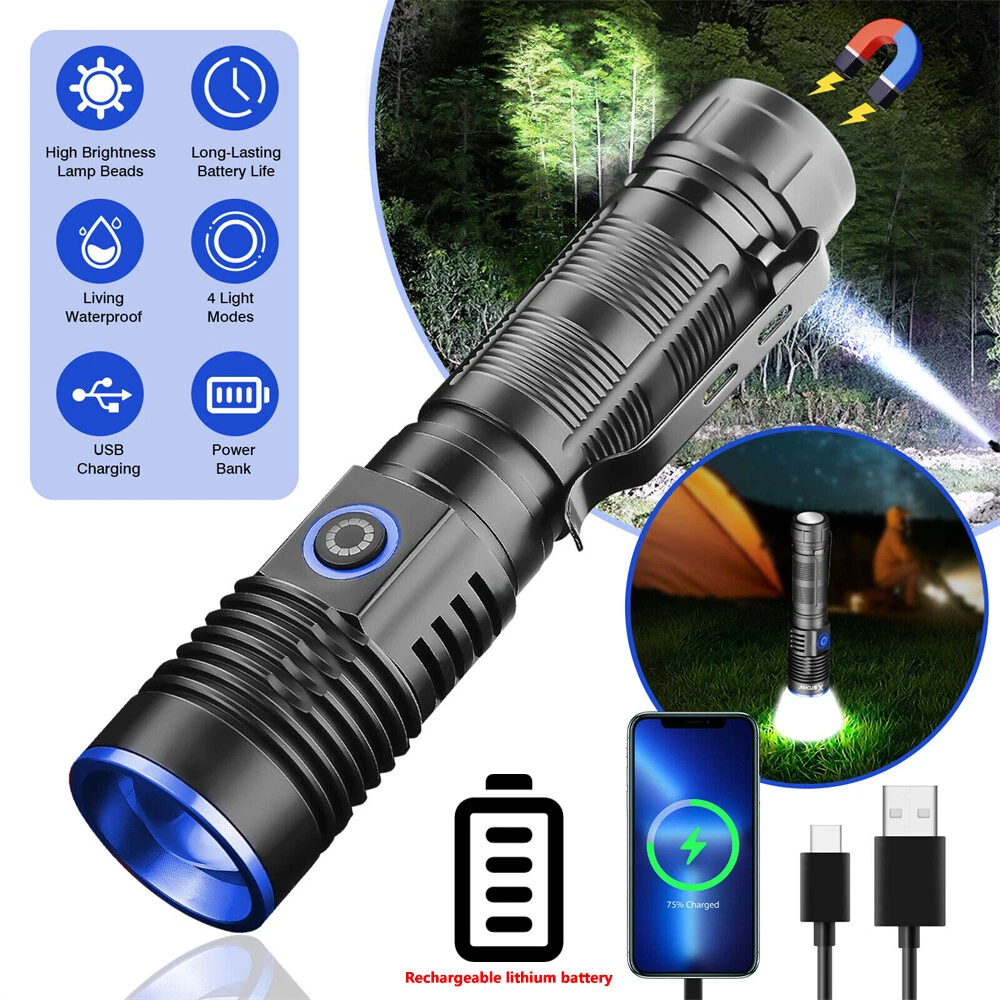 2000000LM LED Flashlight Tactical Light Super Bright Torch USB Rechargeable Lamp