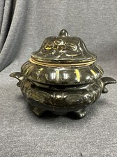 Vintage Brown/Black Glazed Pot w/Lid Hand Painted Gold Trim GCI 1995 - 5.5” Tall