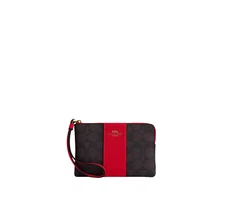 Coach Corner Zip Wristlet In Signature Canvas Brown / Red 58035 - NEW