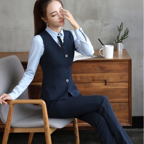 Elegante Tailleur completo donna nero gilet gessato blu nero pantaloni  w9032 | eBay