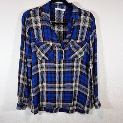 Lush Plaid V Neck Long Sleeve Chest Pocket Tunic Blouse Womens Size Small