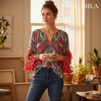 Bila Boho Paisley Top With Flowy Ruffle Sleeves Hippie-Chic Whimsigoth 70's Retr