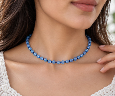 Blue London Topaz Beaded Necklace 6mm 16 Inch 3 Inch Adjustable Extension