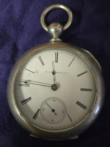 ILLINOIS POCKET WATCH, 18 SIZE, 1IJ, GRADE 2, KW, VTG 1882, DUEBER SILVERINE
