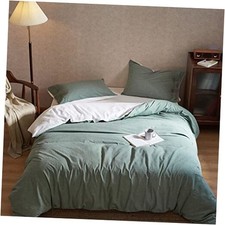 100 Washed Cotton White and Green Reversible King 90"x104" Green  White