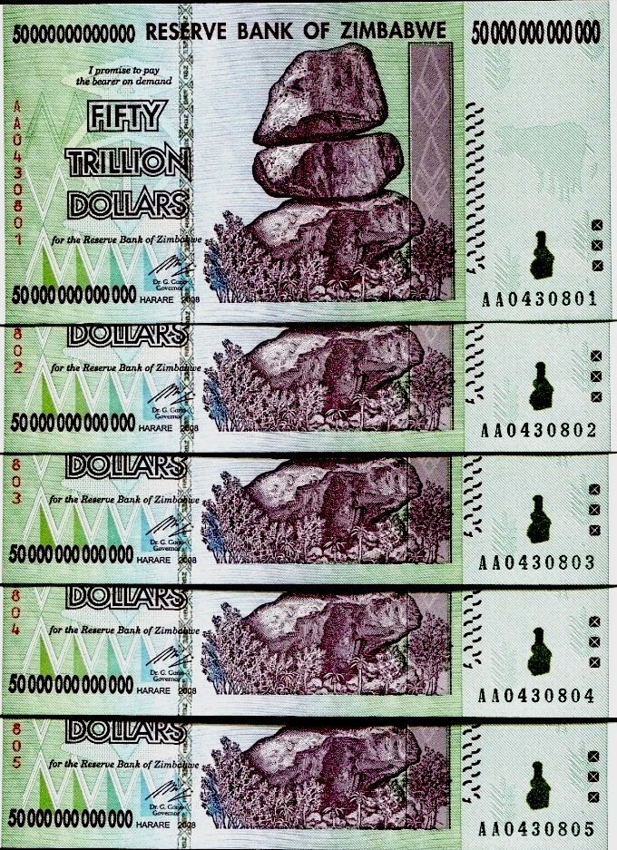 5 x 2008 50 TRILLION DOLLARS ZIMBABWE BANKNOTE, AA P-90 GEM UNC