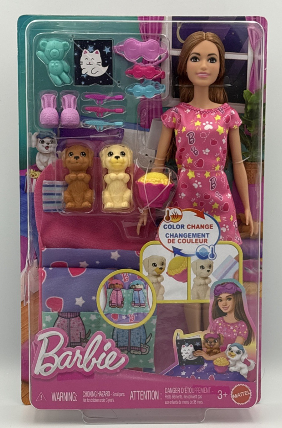 Barbie Doll & Puppy Slumber Party Playset with 2pc Toy Dog F