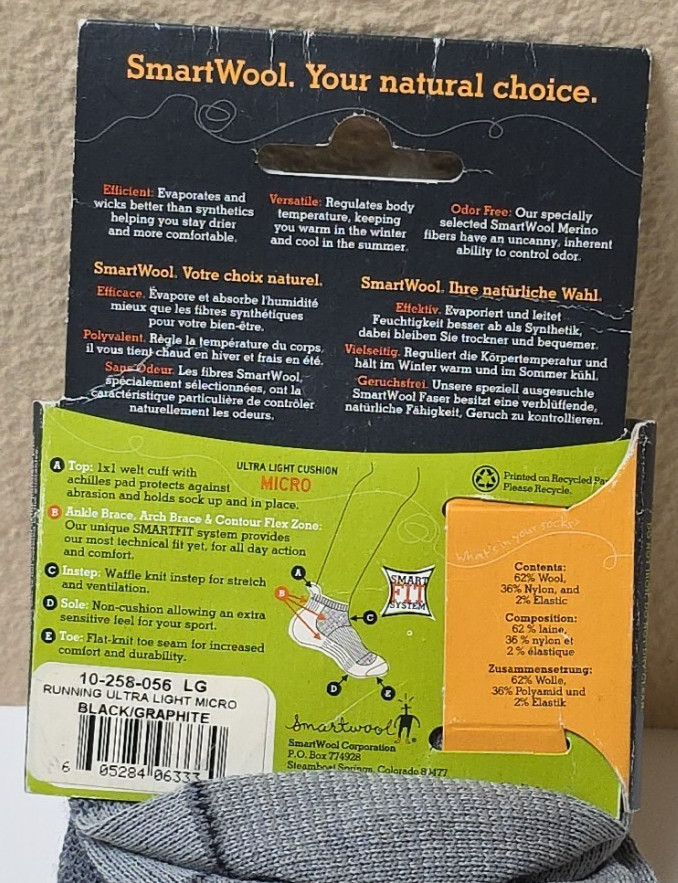 Smartwool RUNNING Socks Gray/blk Micro Large Men 9-11.5 Women 10-12.5 