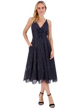 Eliza J Women's Fit & Flare Metallic-Embroidered Lace Dress Color Navy MSRP $298