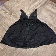 Victoria's Secret Black Lace Nylon Babydoll Nightgown Dress M V-Neck Bow Accent
