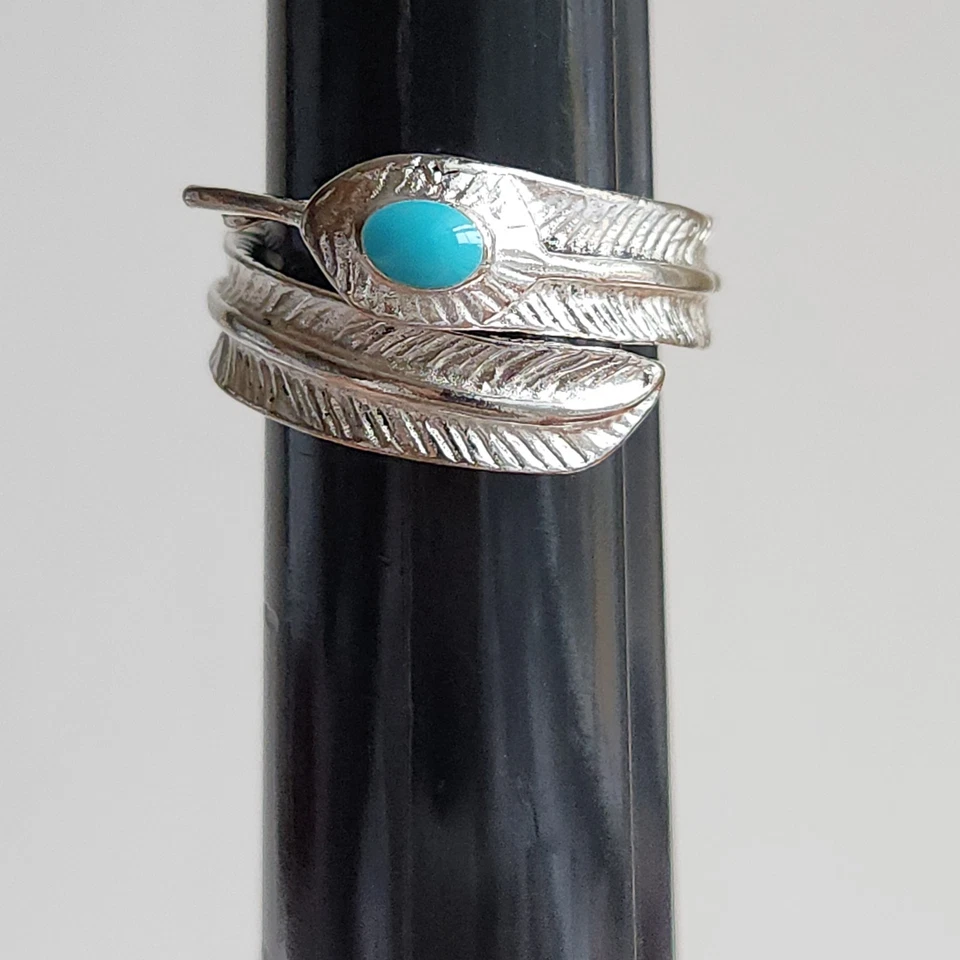 Anillo de plumas envolvente Southwestern tono plata imitación turquesa talla 7 Foto 4 de 4