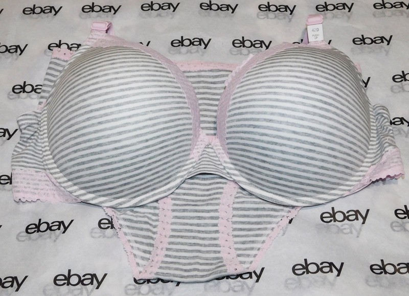 NEW Victoria's Secret Pink Everywhere Push-Up Bra 42D Stripes & Cheeky Set XXL