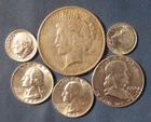 LOT 6 US SILVER COINS 1923 D PEACE SILVER DOLLAR 1956 FRANKLIN HALF $ 2 QUARTERS