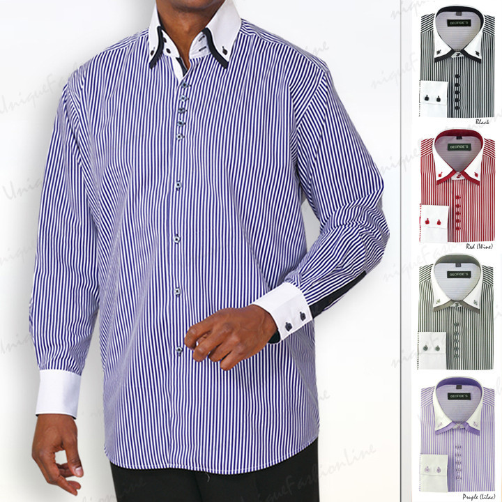 Men's dress shirt double layered collar, square button, striped two ...