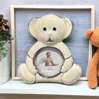 Silver Plated Teddy Bear White Photo Frame 2x2'' Tabletop Child's Picture NWT