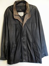 Fab Remy Black Lambskin Leather Double Collar Car Coat Brown Trim-42-Made in USA