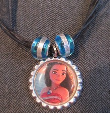 Moana Ribbon Bottle Cap Bling Charm Necklace Striped Beads Ocean Maui Polynesia