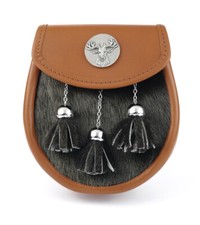 Semi Dress Tan Brown Leather Sporran  Polished Chrome Scottish Stag Targe Mount
