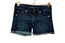 American Eagle Size 2 Dark Wash Denim Cut Off Cuffed Stretch Midi Jean Shorts